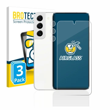 Front side of a product packaging with the brand logo BROTECT. Next to it is the device Samsung Galaxy S22 5G (Front+Camera) s