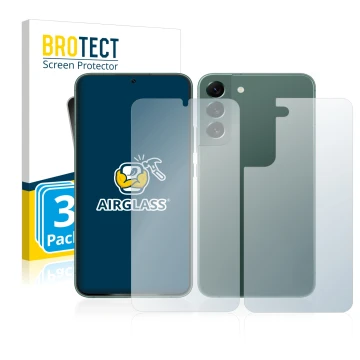 Front side of a product packaging with the brand logo BROTECT. Next to it is the device Samsung Galaxy S22 Plus 5G (Front+Back