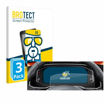 Front side of a product packaging with the brand logo BROTECT. Next to it is the device Volkswagen Polo 6 Digital Cockpit Pro 