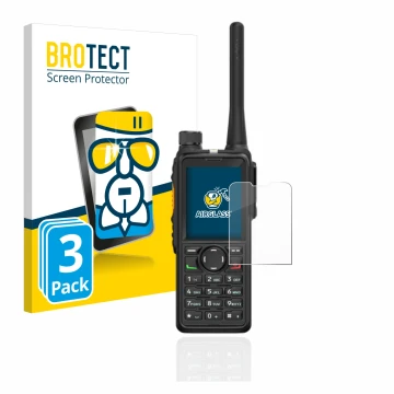 Front side of a product packaging with the brand logo BROTECT. Next to it is the device Hytera HP785 shown with the correspond