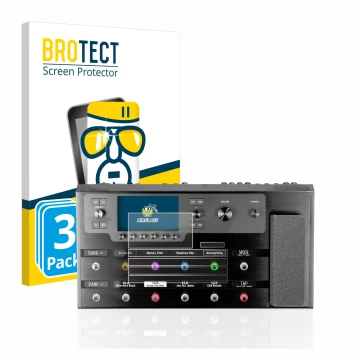 Front side of a product packaging with the brand logo BROTECT. Next to it is the device Line 6 Helix Floor shown with the corr