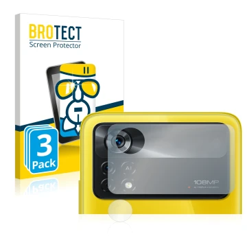 Front side of a product packaging with the brand logo BROTECT. Next to it is the device Xiaomi Poco X4 Pro 5G (ONLY Camera Len