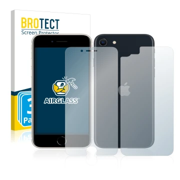 Front side of a product packaging with the brand logo BROTECT. Next to it is the device Apple iPhone SE 3 2022 (Front+Back) sh