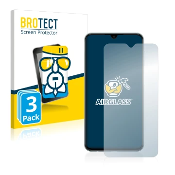 Front side of a product packaging with the brand logo BROTECT. Next to it is the device Samsung Galaxy M23 shown with the corr