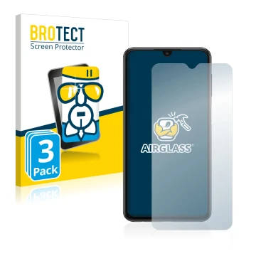 Front side of a product packaging with the brand logo BROTECT. Next to it is the device Samsung Galaxy A23 shown with the corr