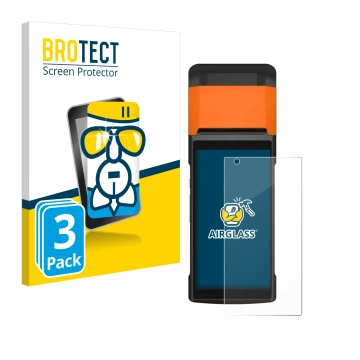 Front side of a product packaging with the brand logo BROTECT. Next to it is the device Sunmi V2s shown with the corresponding
