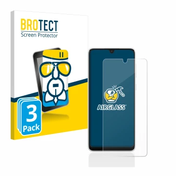 Front side of a product packaging with the brand logo BROTECT. Next to it is the device Samsung Galaxy A33 5G shown with the c