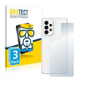 Front side of a product packaging with the brand logo BROTECT. Next to it is the device Samsung Galaxy A53 5G (Back) shown wit