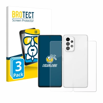 Front side of a product packaging with the brand logo BROTECT. Next to it is the device Samsung Galaxy A53 5G (Front+Back) sho