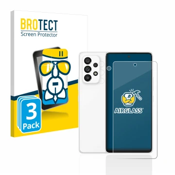 Front side of a product packaging with the brand logo BROTECT. Next to it is the device Samsung Galaxy A53 5G (Front+Camera) s