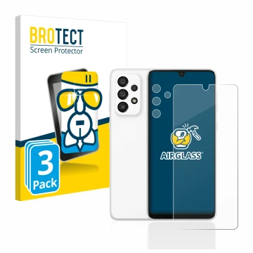 Front side of a product packaging with the brand logo BROTECT. Next to it is the device Samsung Galaxy A33 5G (Front+Camera) s