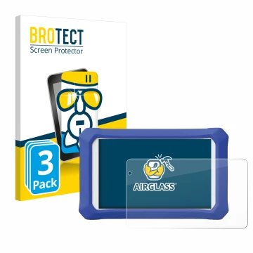 Front side of a product packaging with the brand logo BROTECT. Next to it is the device Clementoni Clempad X Revolution shown 