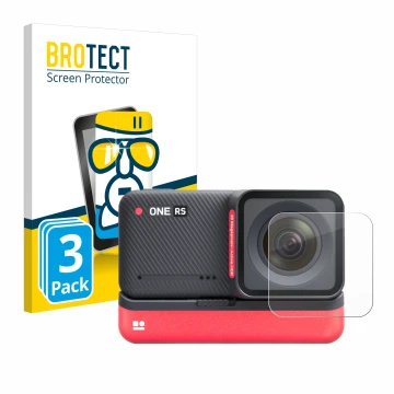 Front side of a product packaging with the brand logo BROTECT. Next to it is the device Insta360 One RS 4K Edition (Lens) show