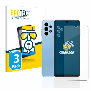 Front side of a product packaging with the brand logo BROTECT. Next to it is the device Samsung Galaxy A13 (Front+Camera) show