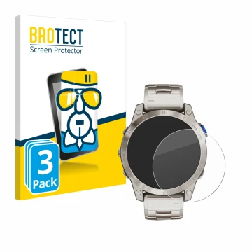 Front side of a product packaging with the brand logo BROTECT. Next to it is the device Garmin D2 Mach 1 shown with the corres