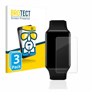 Front side of a product packaging with the brand logo BROTECT. Next to it is the device Oppo Watch Free shown with the corresp