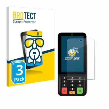 Front side of a product packaging with the brand logo BROTECT. Next to it is the device Pax A35 shown with the corresponding s