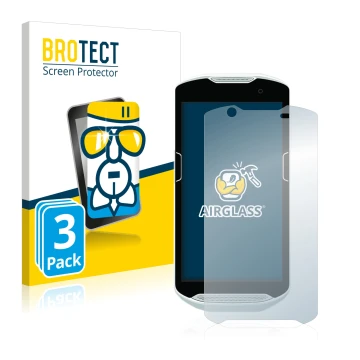 Front side of a product packaging with the brand logo BROTECT. Next to it is the device Zebra TC52 shown with the correspondin