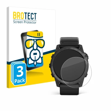 Front side of a product packaging with the brand logo BROTECT. Next to it is the device Garmin Tactix 7 Pro shown with the cor