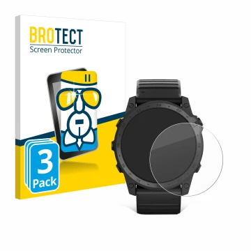 Front side of a product packaging with the brand logo BROTECT. Next to it is the device Garmin Tactix 7 Pro Ballistics shown w
