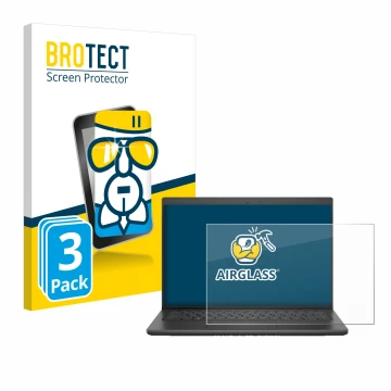 Front side of a product packaging with the brand logo BROTECT. Next to it is the device Dell Latitude 3420 shown with the corr