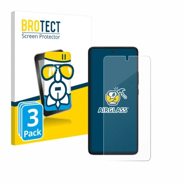 Front side of a product packaging with the brand logo BROTECT. Next to it is the device Motorola Edge 30 shown with the corres