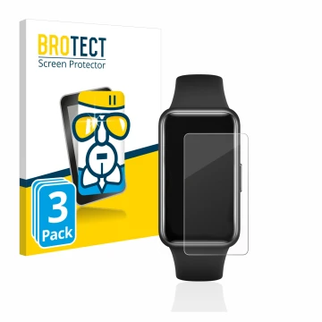 Front side of a product packaging with the brand logo BROTECT. Next to it is the device Huawei Band 7 shown with the correspon