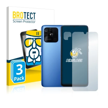 Front side of a product packaging with the brand logo BROTECT. Next to it is the device Xiaomi Redmi 10C (Front+Camera) shown 