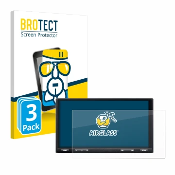 Front side of a product packaging with the brand logo BROTECT. Next to it is the device Sony XAV-AX5650 shown with the corresp