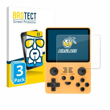 Front side of a product packaging with the brand logo BROTECT. Next to it is the device Powkiddy RGB20S shown with the corresp