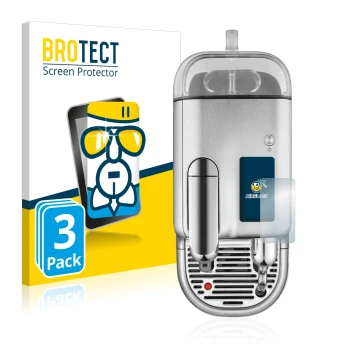 Front side of a product packaging with the brand logo BROTECT. Next to it is the device Sage Nespresso Creatista Pro shown wit