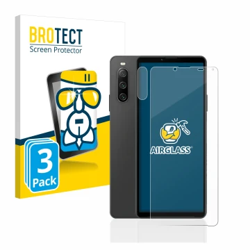 Front side of a product packaging with the brand logo BROTECT. Next to it is the device Sony Xperia 10 IV (Front+Camera) shown