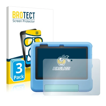 Front side of a product packaging with the brand logo BROTECT. Next to it is the device Amazon Fire 7 Kids 2022 shown with the