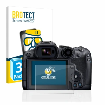 Front side of a product packaging with the brand logo BROTECT. Next to it is the device Canon EOS R7 shown with the correspond