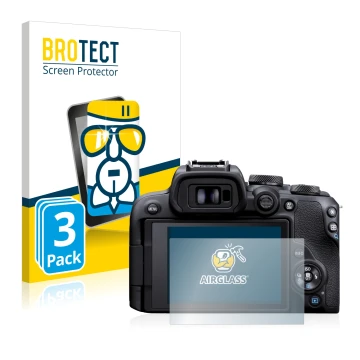 Front side of a product packaging with the brand logo BROTECT. Next to it is the device Canon EOS R10 shown with the correspon