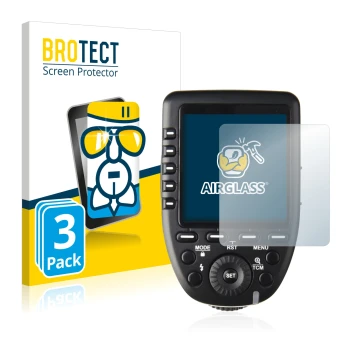 Front side of a product packaging with the brand logo BROTECT. Next to it is the device Godox XPro shown with the correspondin