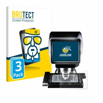 Front side of a product packaging with the brand logo BROTECT. Next to it is the device Keyence LM-1100 Glass plate shown with