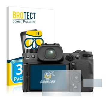 Front side of a product packaging with the brand logo BROTECT. Next to it is the device Fujifilm X-H2S shown with the correspo