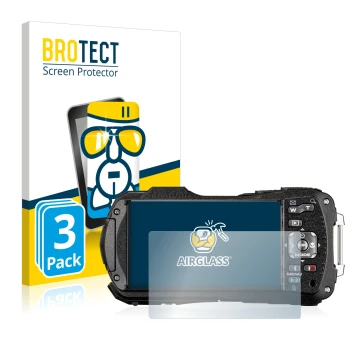 Front side of a product packaging with the brand logo BROTECT. Next to it is the device Ricoh WG-80 shown with the correspondi
