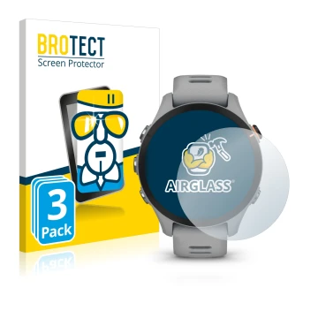 Front side of a product packaging with the brand logo BROTECT. Next to it is the device Garmin Forerunner 255S shown with the 