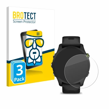 Front side of a product packaging with the brand logo BROTECT. Next to it is the device Garmin Forerunner 255 Music shown with