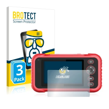 Front side of a product packaging with the brand logo BROTECT. Next to it is the device Launch CRP 123 / 129 EVO shown with th