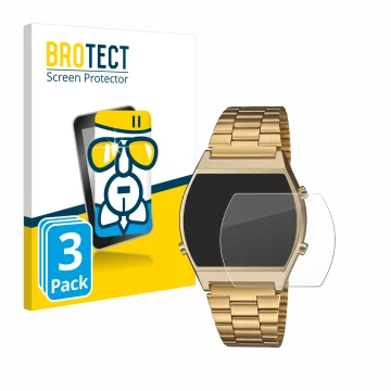Front side of a product packaging with the brand logo BROTECT. Next to it is the device Casio Retro B640WB shown with the corr