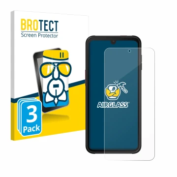Front side of a product packaging with the brand logo BROTECT. Next to it is the device Samsung Galaxy Xcover 6 Pro shown with