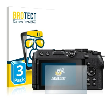 Front side of a product packaging with the brand logo BROTECT. Next to it is the device Nikon Z 30 shown with the correspondin