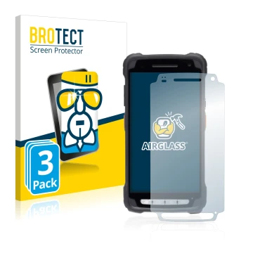 Front side of a product packaging with the brand logo BROTECT. Next to it is the device Janam XT3 shown with the corresponding