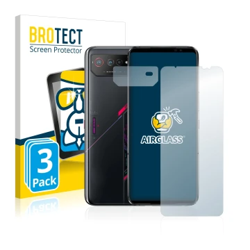 Front side of a product packaging with the brand logo BROTECT. Next to it is the device ASUS ROG Phone 6 (Front+Camera) shown 