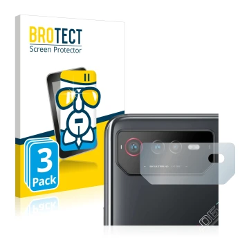 Front side of a product packaging with the brand logo BROTECT. Next to it is the device ASUS ROG Phone 6 (ONLY Camera Lens) sh