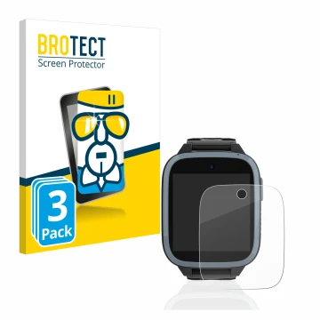 Front side of a product packaging with the brand logo BROTECT. Next to it is the device Xplora XGO3 (1st Gen.) shown with the 