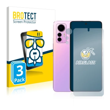 Front side of a product packaging with the brand logo BROTECT. Next to it is the device Xiaomi 12 Lite (Front+Camera) shown wi